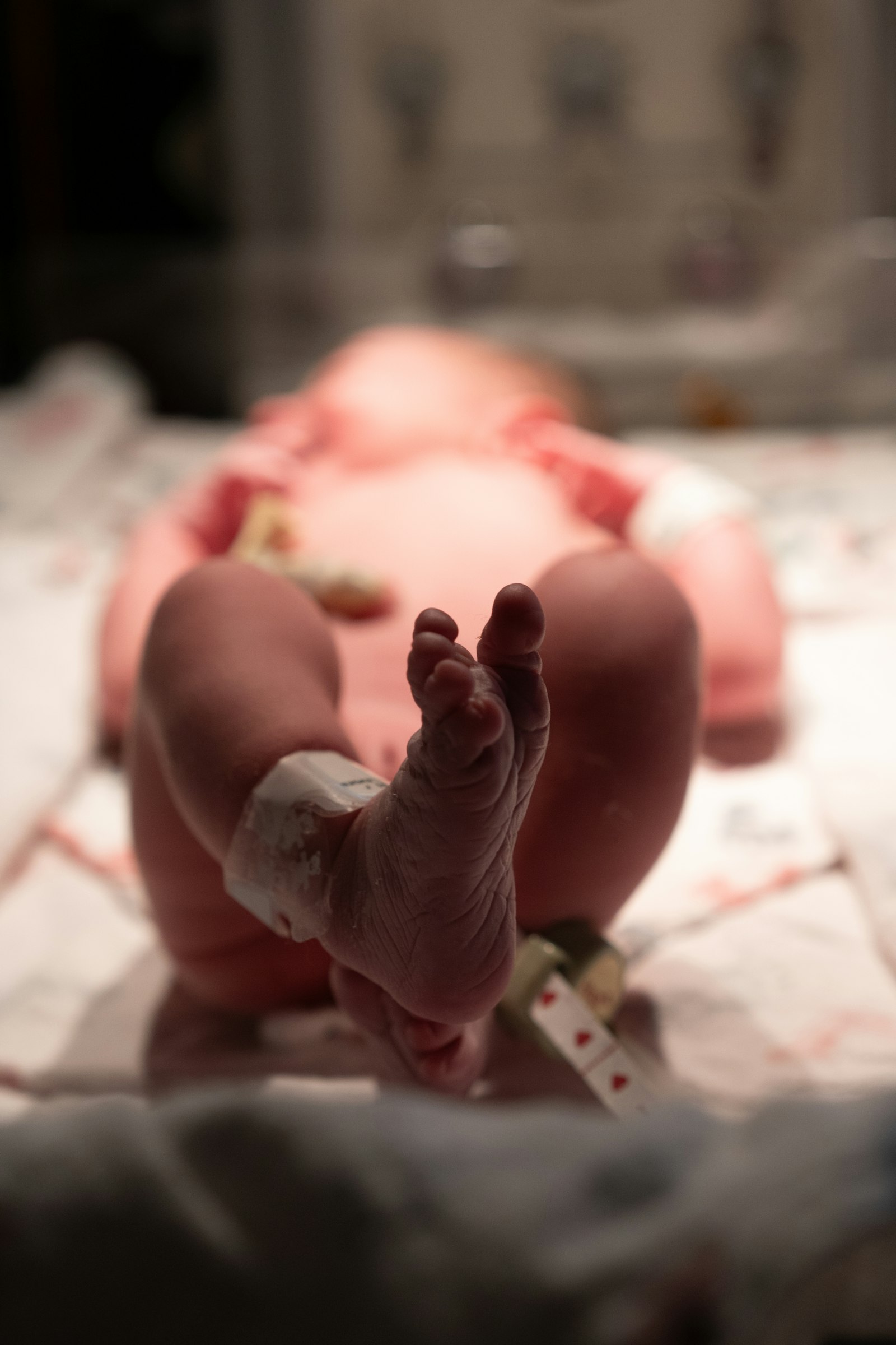 Close-up of a newborn baby's feet with a hospital ID band