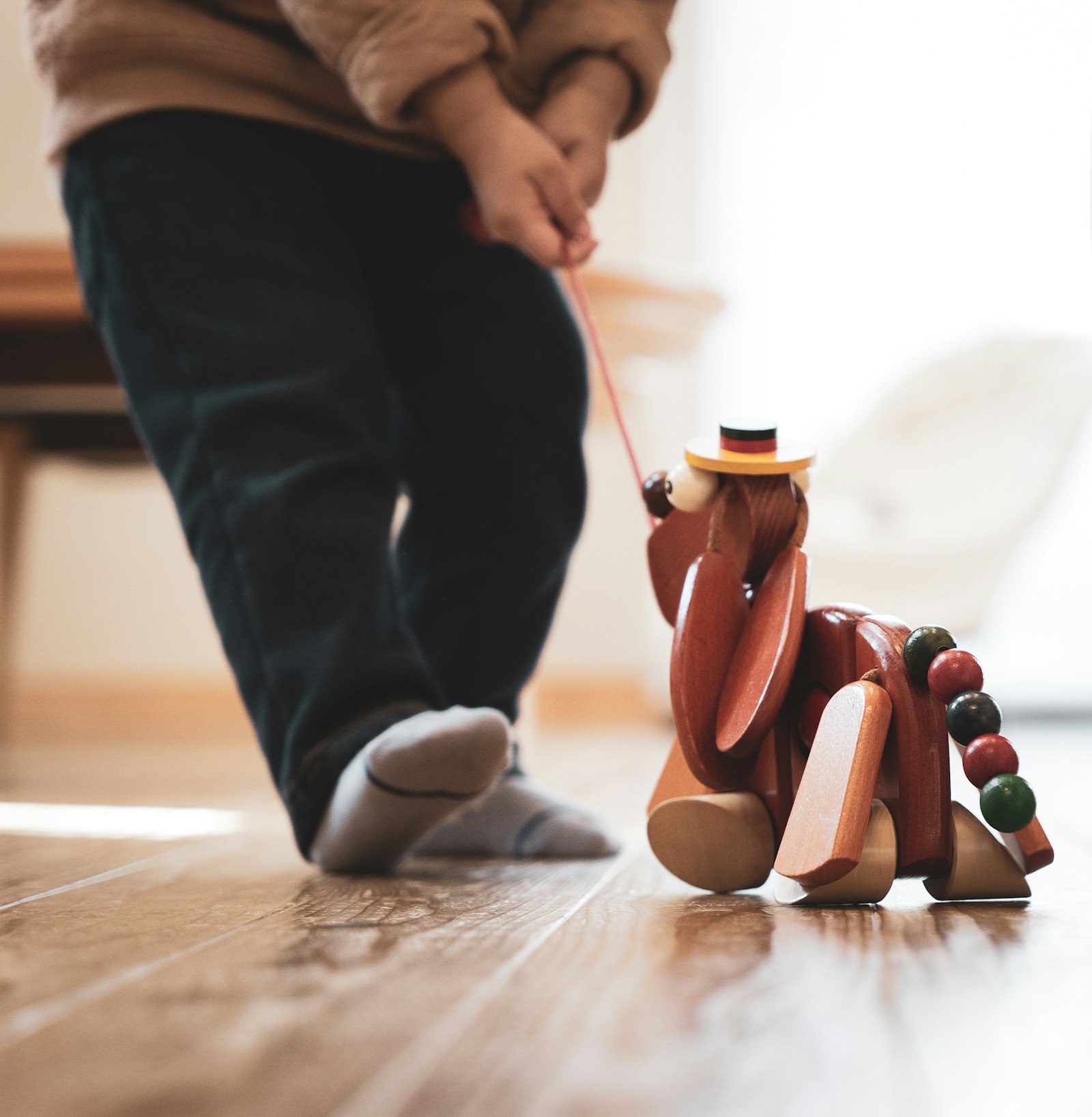 Wooden pull-toy for a walking toddler